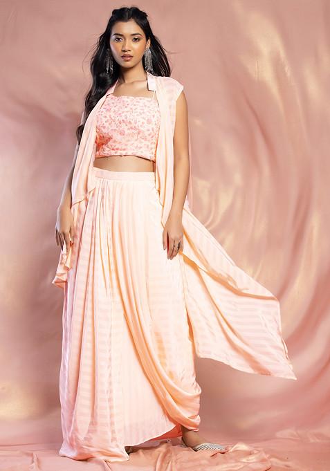 Peach Jacket Set With Floral Embroidered Blouse And Draped Skirt