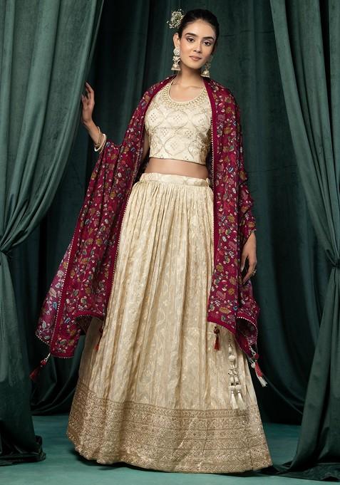 Ivory Sequin Embroidered Brocade Lehenga Set With Embellished Blouse And Contrast Dupatta
