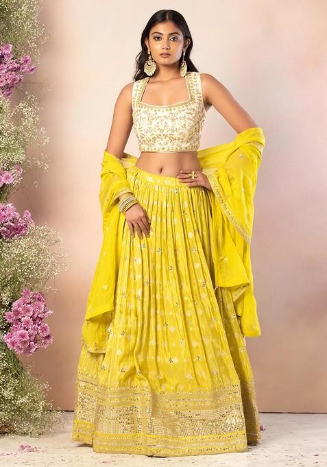 Lime Green Sequin Embroidered Brocade Lehenga Set With Embellished Blouse And Dupatta