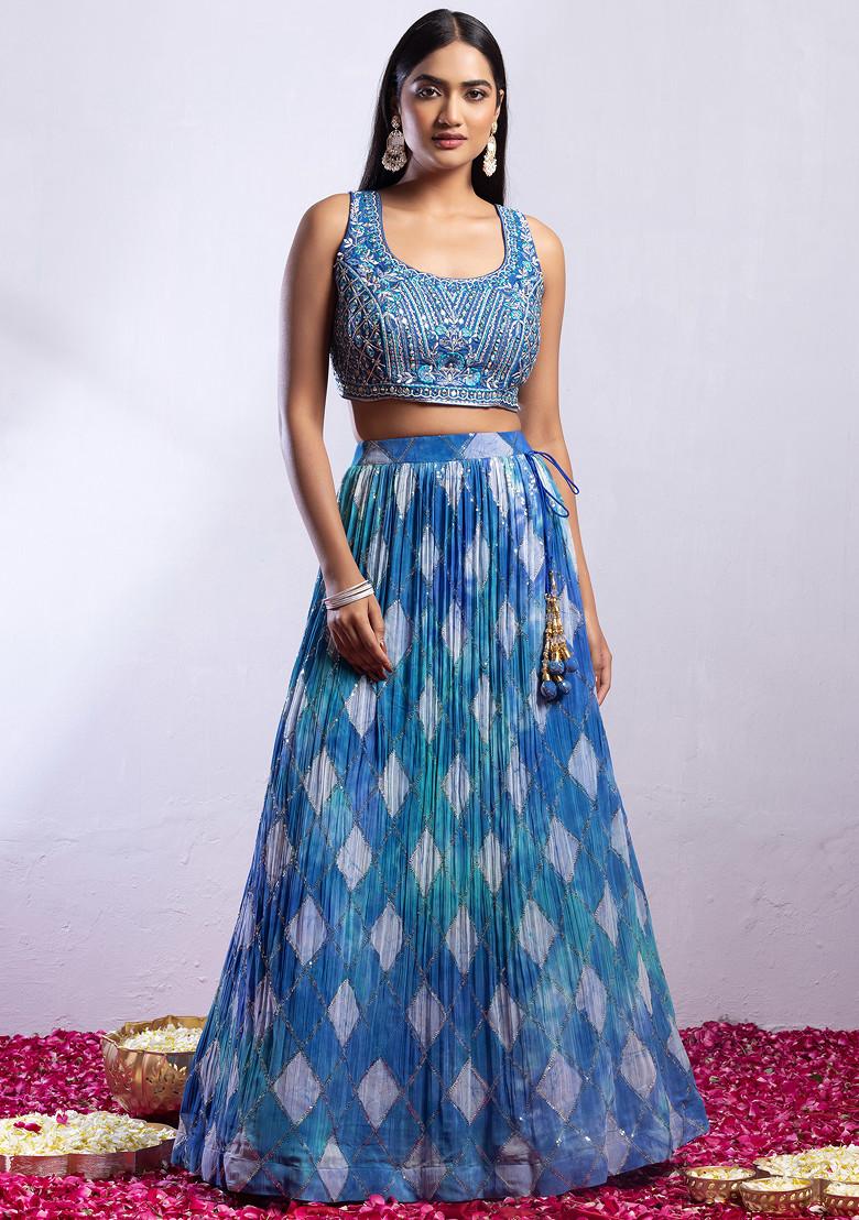 Buy Women Blue Embellished Printed Lehenga Set With Floral Embroidered ...