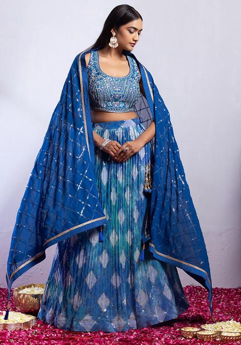 Blue Embellished Printed Lehenga Set With Floral Embroidered Blouse And Dupatta