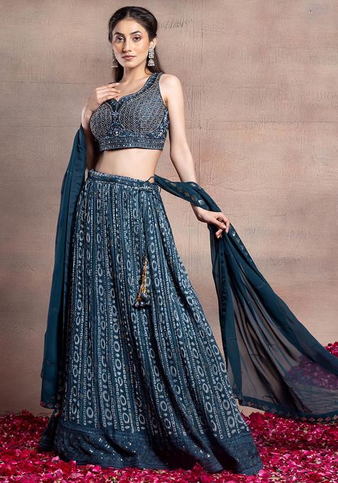 Teal Blue Printed Lehenga Set With Mirror Sequin Embellished Blouse And Dupatta
