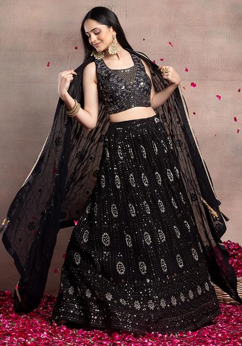 Black Sequin Embellished Lehenga Set With Mirror Embellished Blouse And Dupatta