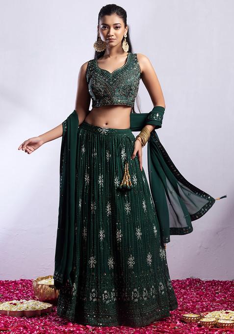 Green Floral Sequin Embellished Lehenga Set With Mirror Embellished Blouse And Dupatta