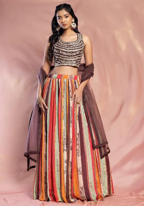 Multicolour Printed Lehenga Set With Brown Embellished Blouse And Dupatta
