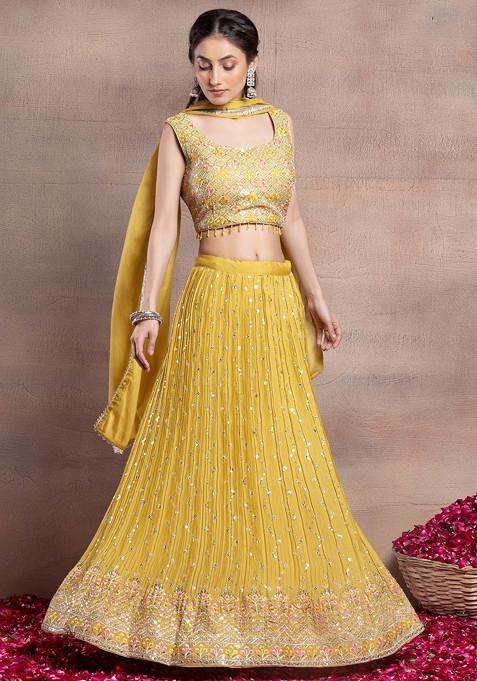 Yellow Zari Embroidered Lehenga Set With Floral Embroidered Blouse And Dupatta