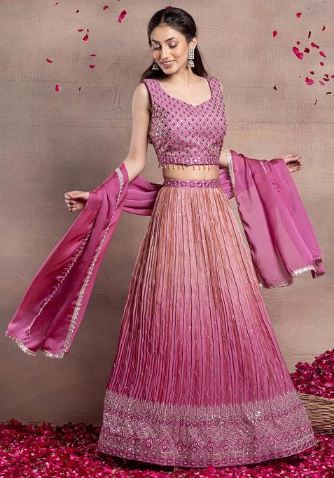 Pink Zari Embroidered Ombre Lehenga Set With Geometric Embroidered Blouse And Dupatta