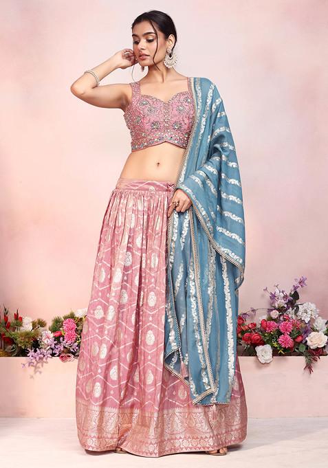 Dull Pink Lehenga Set With Floral Thread Embellished Blouse And Contrast Dupatta