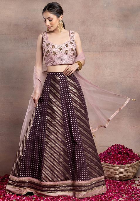 Brown Brocade Lehenga Set With Pink Mirror Embroidered Blouse And Dupatta