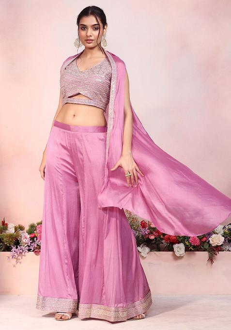 Light Purple Sharara Set With Zari Embroidered Blouse And Dupatta