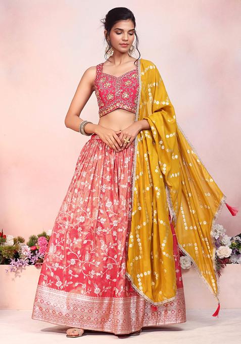 Hot Pink Floral Brocade Lehenga Set With Floral Thread Embroidered Blouse And Dupatta