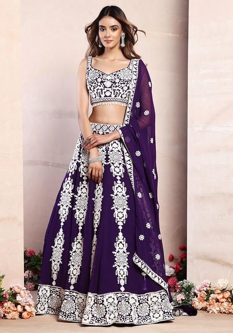 Purple Floral Sequin Thread Embroidered Lehenga Set With Embroidered Blouse And Dupatta