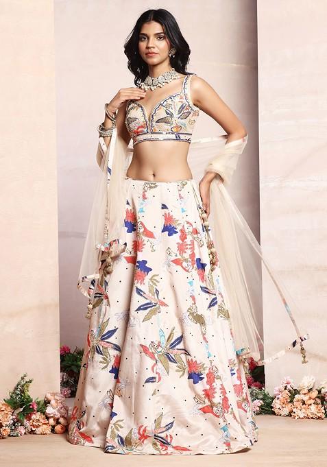 Beige Floral Print Embroidered Lehenga Set With Embellished Blouse And Dupatta