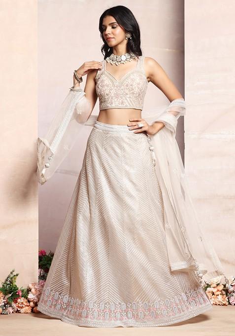 Beige Sequin Embroidered Mesh Lehenga Set With Embellished Blouse And Dupatta