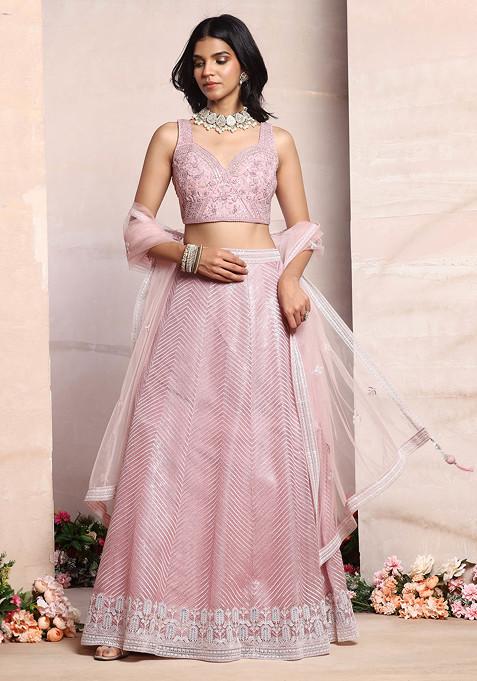 Dull Pink Sequin Embroidered Mesh Lehenga Set With Embellished Blouse And Dupatta