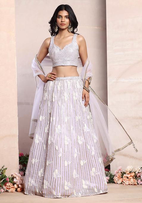 Lavender Thread Embroidered Lehenga Set With Embellished Blouse And Dupatta