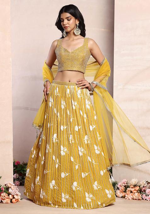 Yellow Floral Thread Embroidered Lehenga Set With Embellished Blouse And Dupatta