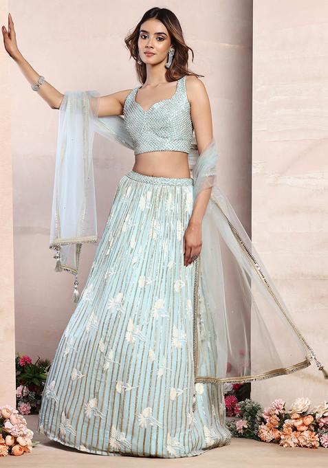 Seafoam Floral Thread Embroidered Lehenga Set With Embellished Blouse And Dupatta