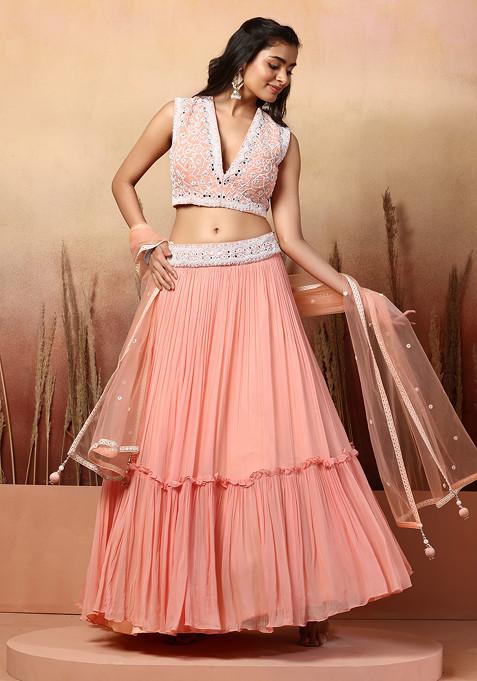 Peach Lehenga Set With Floral Mirror Embellished Blouse And Mesh Dupatta