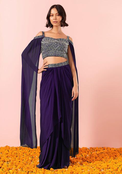 Purple Draped Lehenga Set With Sequin And Pearl Hand Embroidered Blouse