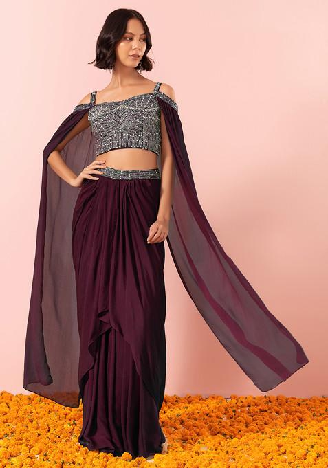 Wine Draped Lehenga Set With Sequin Hand Embroidered Blouse