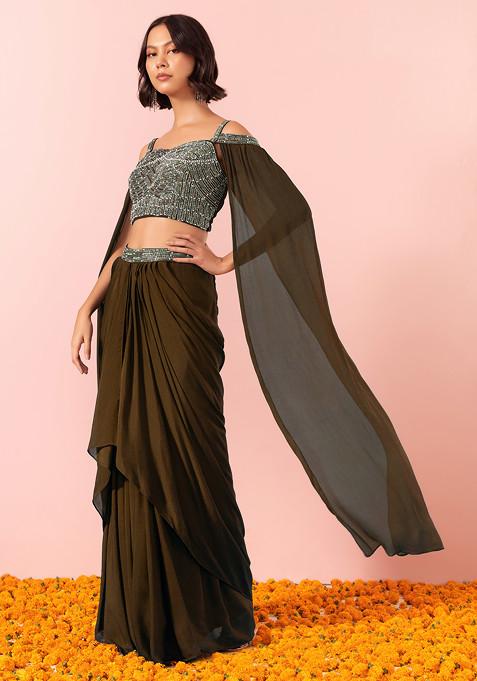 Brown Draped Lehenga Set With Sequin And Pearl Hand Embroidered Blouse