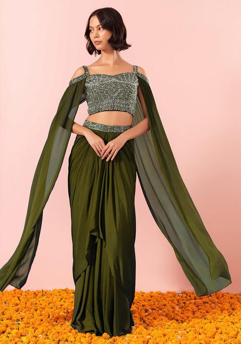 Olive Draped Lehenga Set With Sequin And Pearl Hand Embroidered Blouse
