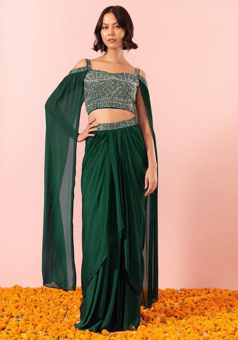 Green Draped Lehenga Set With Sequin And Pearl Hand Embroidered Blouse
