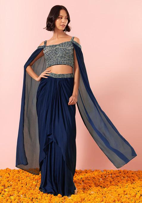 Indigo Blue Draped Lehenga Set With Sequin And Pearl Hand Embroidered Blouse