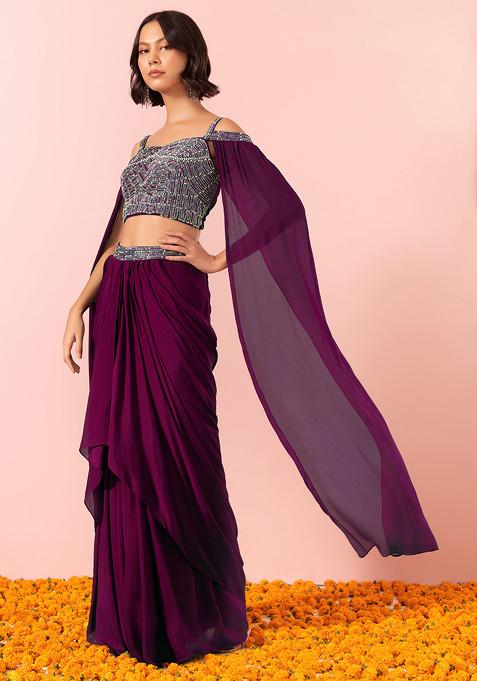 Wine Draped Lehenga Set With Sequin And Pearl Hand Embroidered Blouse