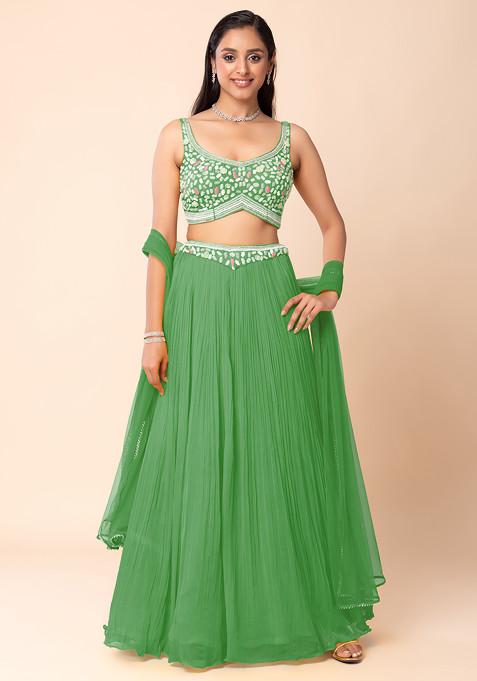Green Lehenga Set With Abstract Hand Embroidered Blouse And Dupatta