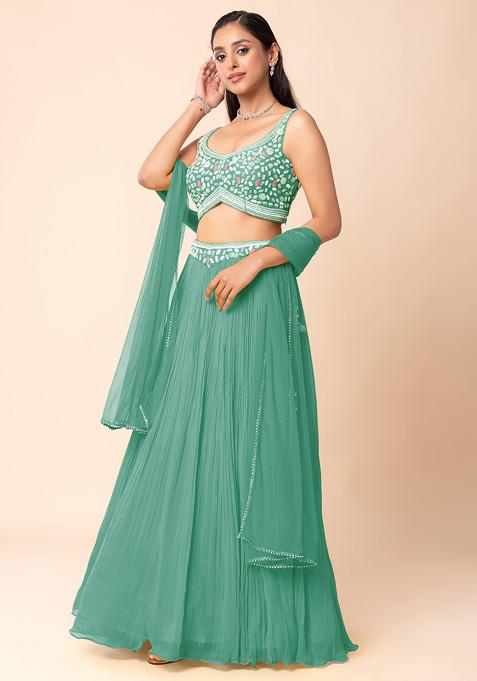 Seafoam Lehenga Set With Abstract Hand Embroidered Blouse And Dupatta