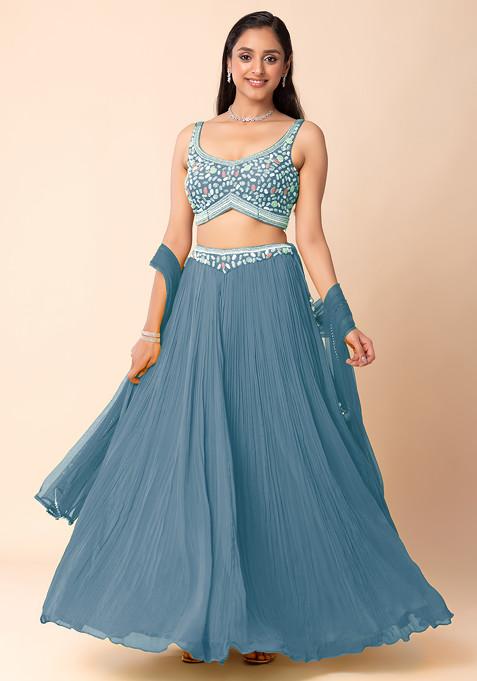 Steel Blue Lehenga Set With Abstract Hand Embroidered Blouse And Dupatta