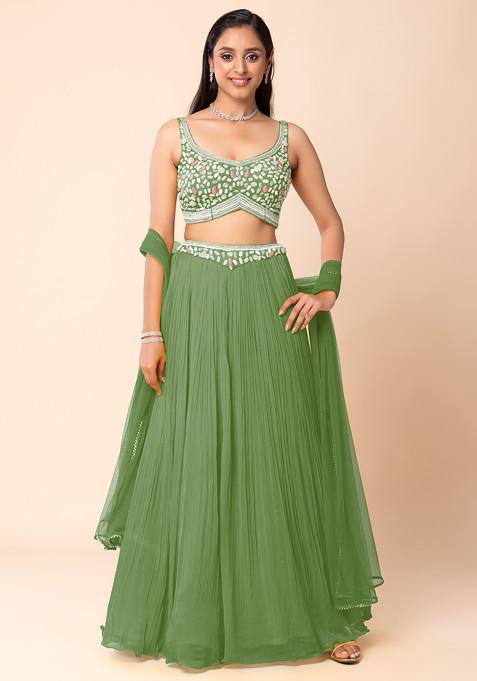Olive Green Lehenga Set With Abstract Hand Embroidered Blouse And Dupatta