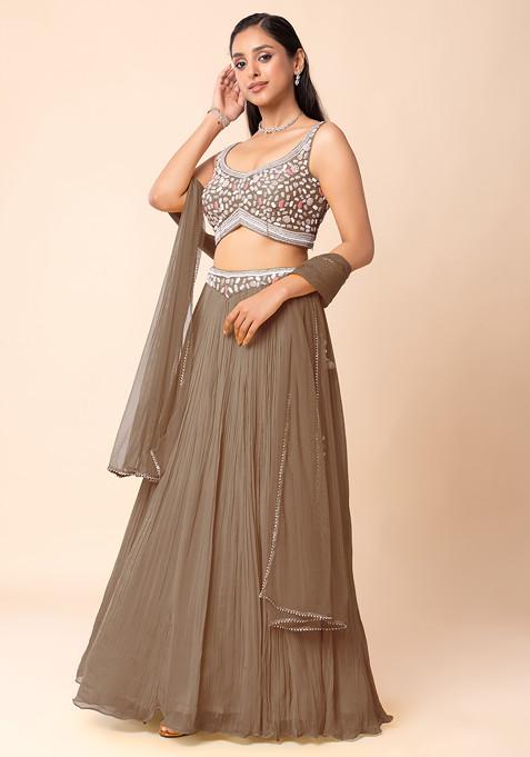Beige Lehenga Set With Abstract Hand Embroidered Blouse And Dupatta