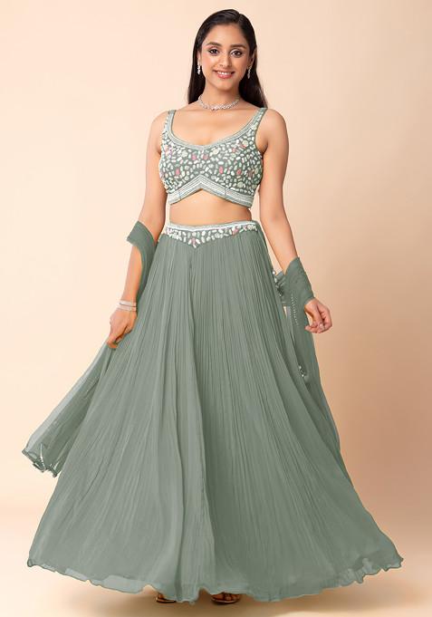 Grey Lehenga Set With Abstract Hand Embroidered Blouse And Dupatta