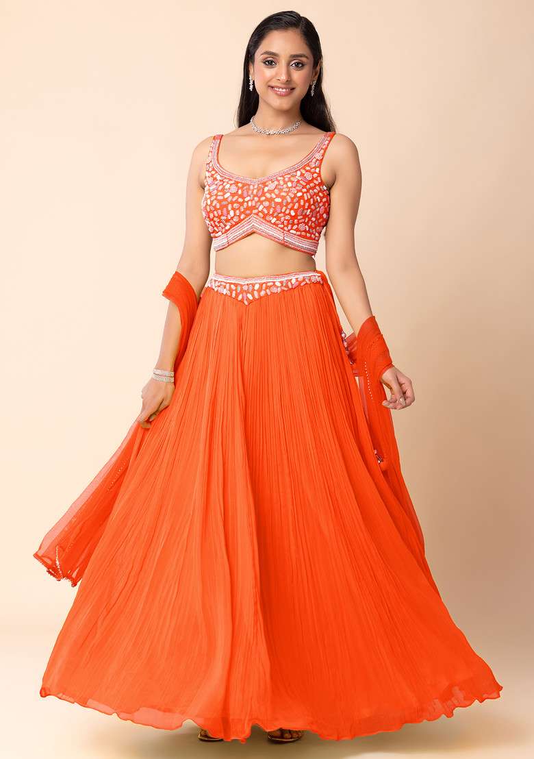 Orange Lehenga Set With Abstract Hand Embroidered Blouse And Dupatta - Indya