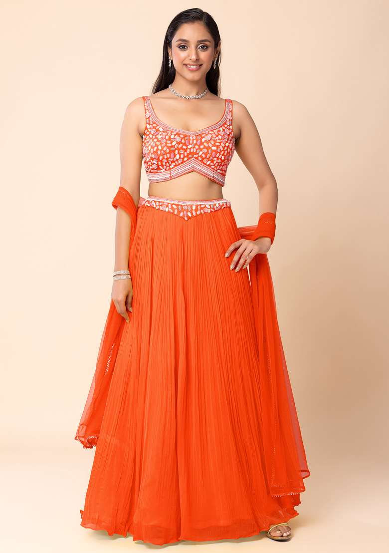 Orange Lehenga Set With Abstract Hand Embroidered Blouse And Dupatta - Indya
