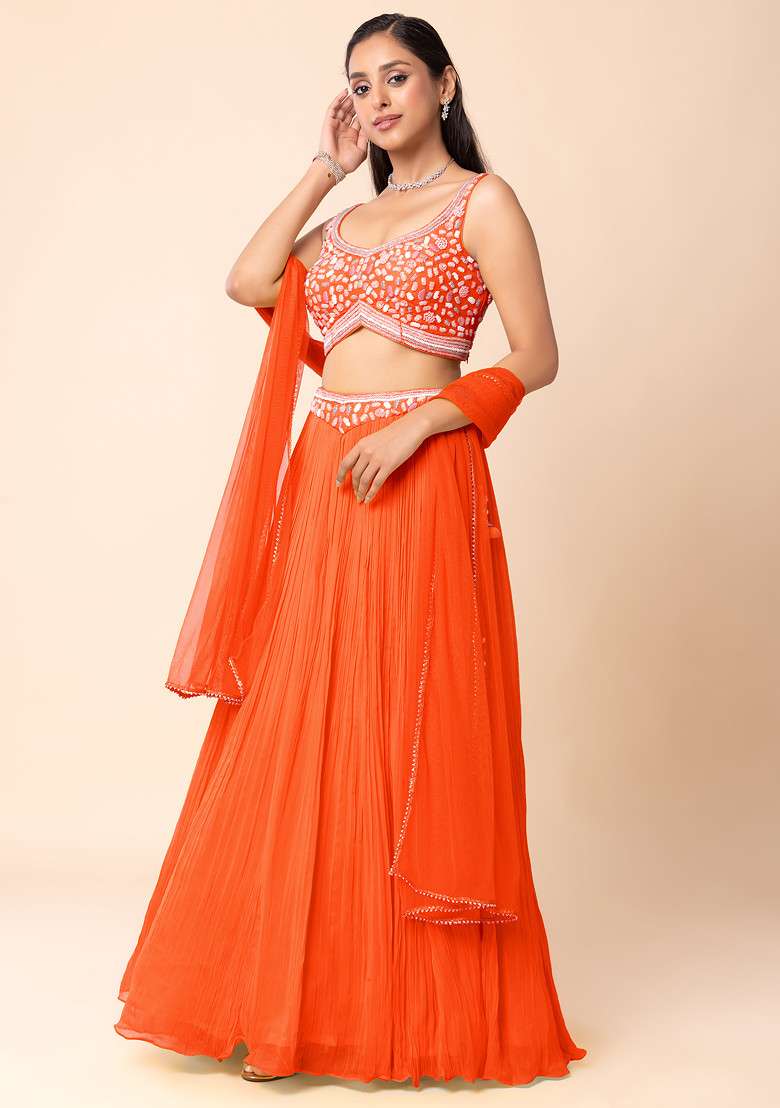 Orange Lehenga Set With Abstract Hand Embroidered Blouse And Dupatta - Indya