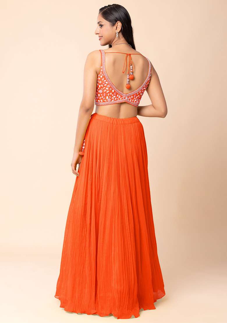 Orange Lehenga Set With Abstract Hand Embroidered Blouse And Dupatta - Indya