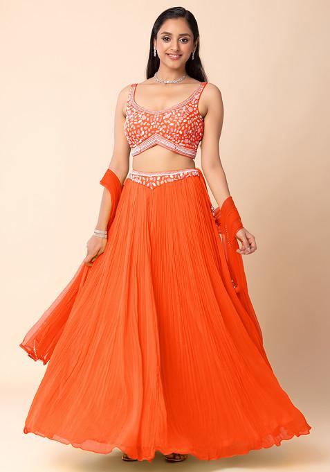 Orange Lehenga Set With Abstract Hand Embroidered Blouse And Dupatta