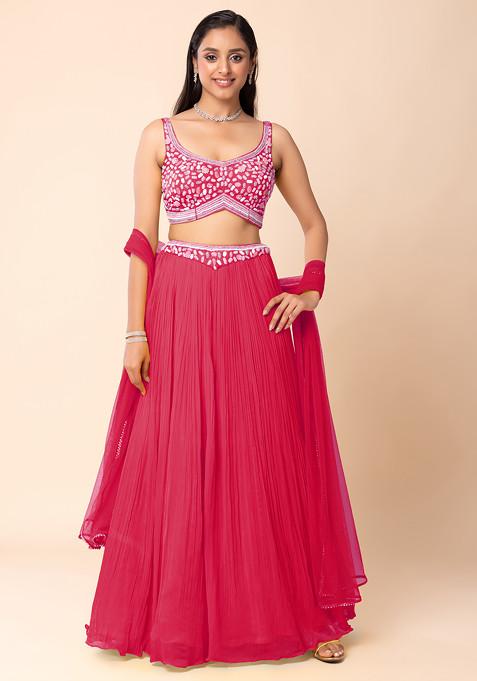 Rani Pink Lehenga Set With Abstract Hand Embroidered Blouse And Dupatta