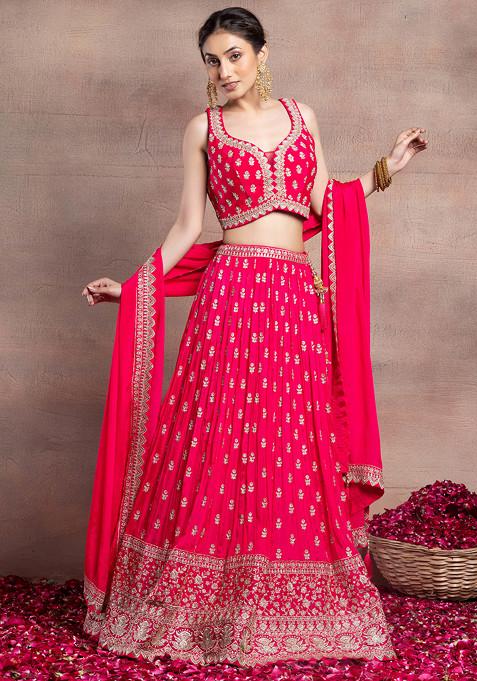 Hot Pink Floral Sequin Zari Embroidered Lehenga Set With Embellished Blouse And Dupatta