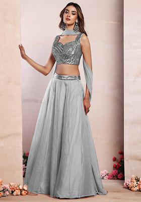 Grey Organza Lehenga Set With Sequin Hand Embroidered Blouse And Mesh Dupatta