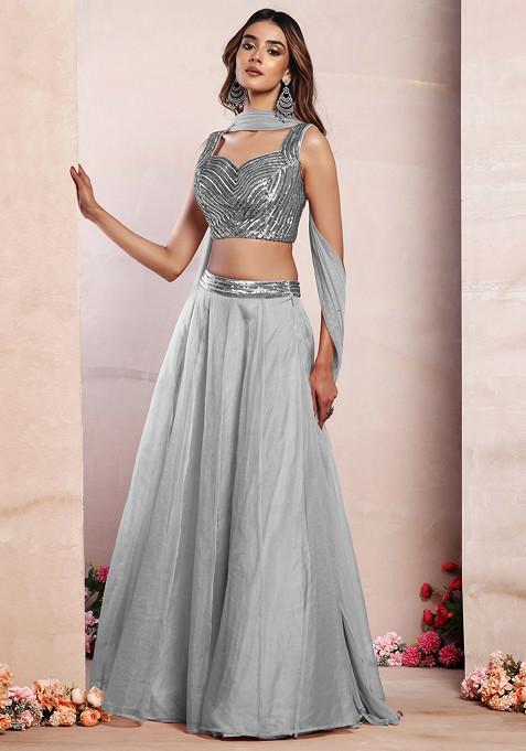 Grey Organza Lehenga Set With Sequin Hand Embroidered Blouse And Mesh Dupatta