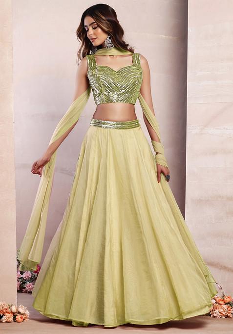Olive Green Organza Lehenga Set With Sequin Hand Embroidered Blouse And Mesh Dupatta
