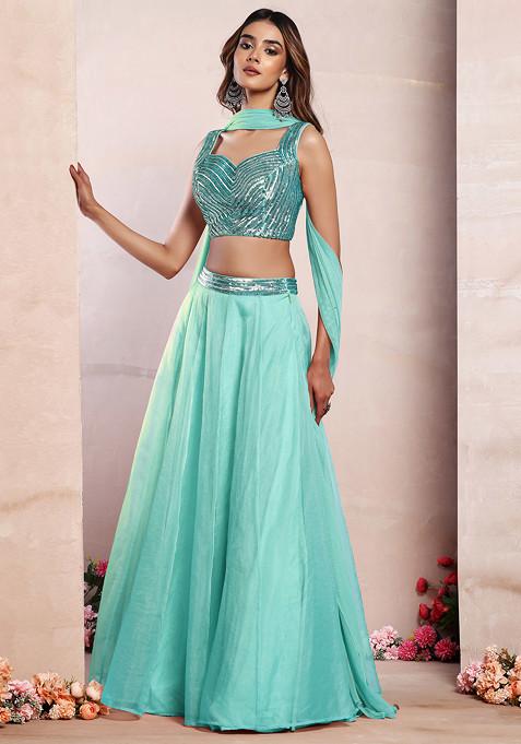 Mint Green Organza Lehenga Set With Sequin Hand Embroidered Blouse And Mesh Dupatta