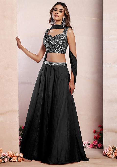 Black Organza Lehenga Set With Sequin Hand Embroidered Blouse And Mesh Dupatta