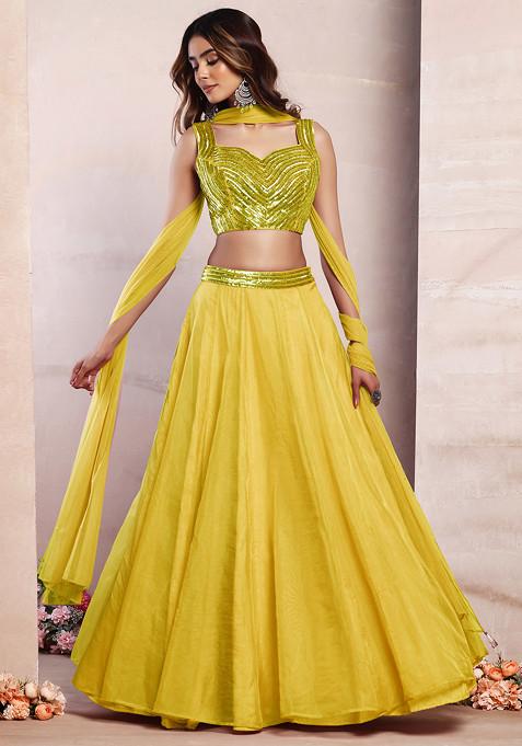 Yellow Organza Lehenga Set With Sequin Hand Embroidered Blouse And Mesh Dupatta