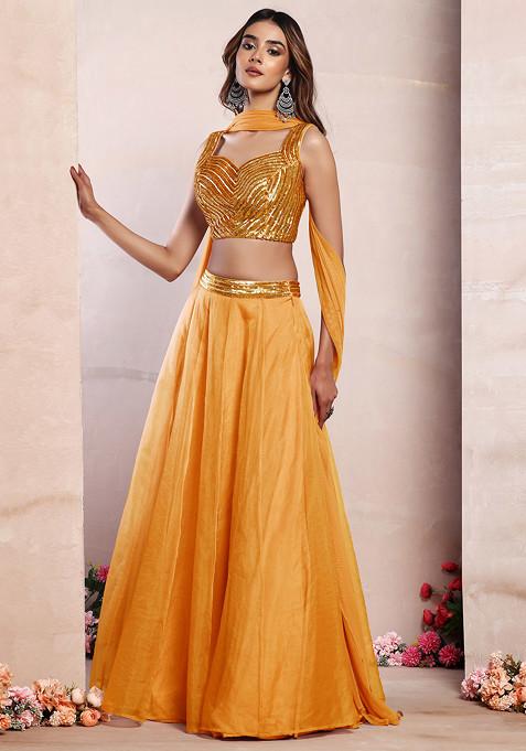 Orange Organza Lehenga Set With Sequin Hand Embroidered Blouse And Mesh Dupatta